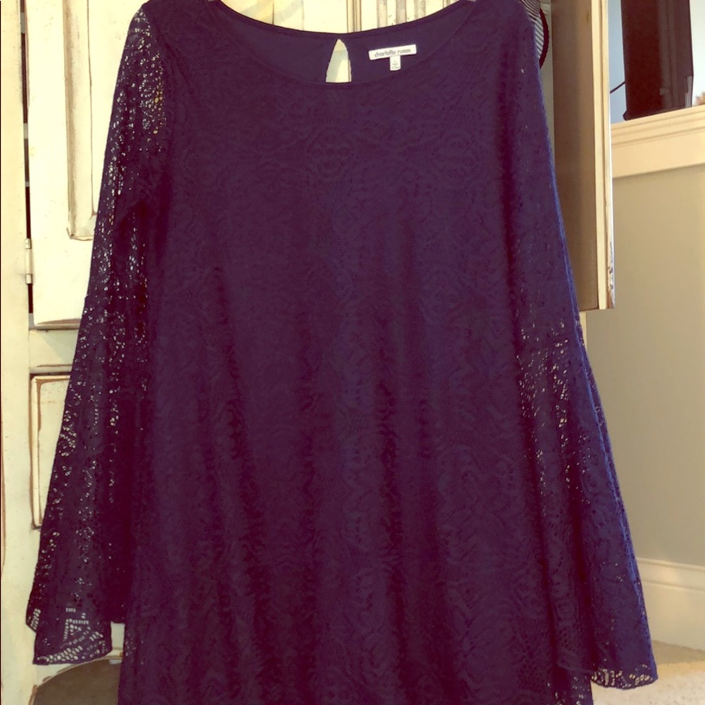navy blue lacy long sleeve dress